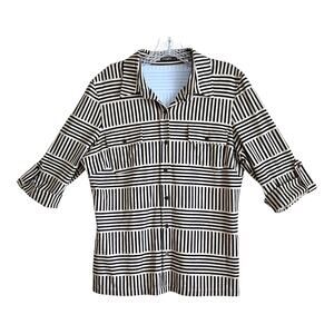 J McLaughlin Women L Monroe Blouse Catlina Cloth Button Up Tan Black Striped 38"